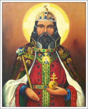 Painted in 1956 by parishioner Ann Batori.<br>On display in the church<br>above the west entrance.